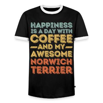 Norwich Terrier Coffee Dog Cafe - Men's Ringer Shirt - black/white - Front - AI Model Female 172 light (172cm) & AI Model Male 178 light (178cm)