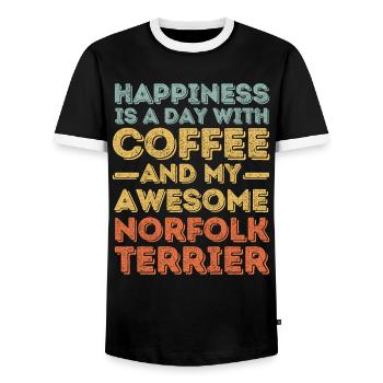 Norfolk Terrier Coffee Dog Cafe - Men's Ringer Shirt - black/white - Front - AI Model Female 172 light (172cm) & AI Model Male 178 light (178cm)