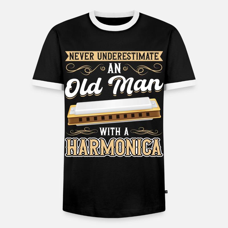 Never Underestimate An Old Man With A Harmonica - Men's Ringer Shirt - black/white