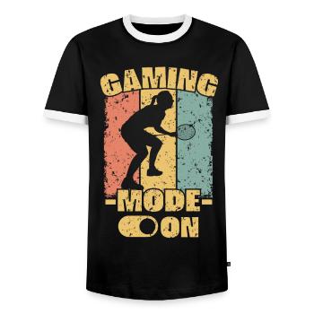 Women Badminton retro - Men's Ringer Shirt - black/white - Front - AI Model Female 172 light (172cm) & AI Model Male 178 light (178cm)