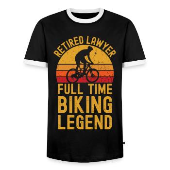 Retired lawyer biking legend - Men's Ringer Shirt - black/white - Front - AI Model Female 172 light (172cm) & AI Model Male 178 light (178cm)