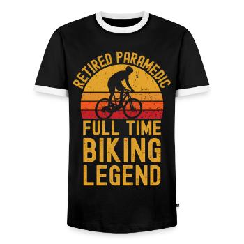 Retired paramedic biking legend - Men's Ringer Shirt - black/white - Front - AI Model Female 172 light (172cm) & AI Model Male 178 light (178cm)