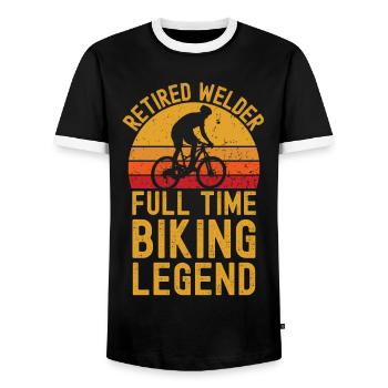 Retired welder biking legend - Men's Ringer Shirt - black/white - Front - AI Model Female 172 light (172cm) & AI Model Male 178 light (178cm)