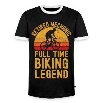 Retired mechanic biking legend - Men's Ringer Shirt - black/white - Front - AI Model Female 172 light (172cm) & AI Model Male 178 light (178cm)