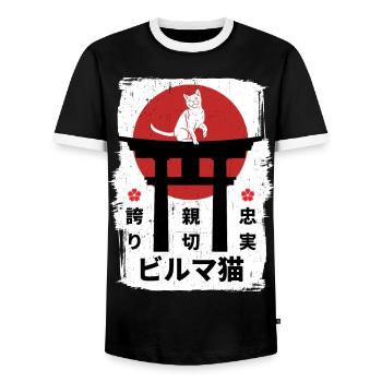 Chat birman Japon kanji - T-shirt contrasté Homme - noir/blanc - Devant - AI Model Female 172 light (172cm) & AI Model Male 178 light (178cm)