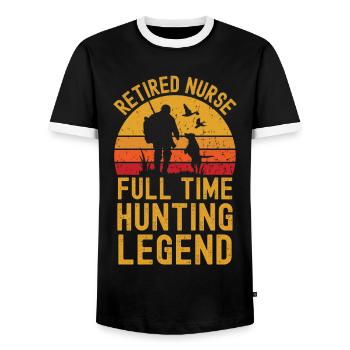 Retired nurse hunting legend - Men's Ringer Shirt - black/white - Front - AI Model Female 172 light (172cm) & AI Model Male 178 light (178cm)