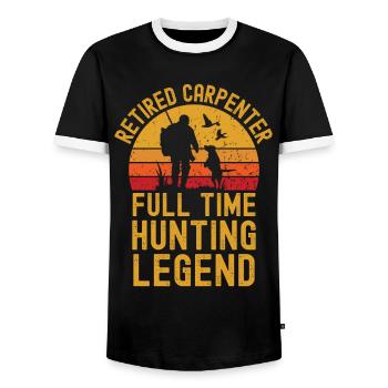 Retired carpenter hunting legend - Men's Ringer Shirt - black/white - Front - AI Model Female 172 light (172cm) & AI Model Male 178 light (178cm)