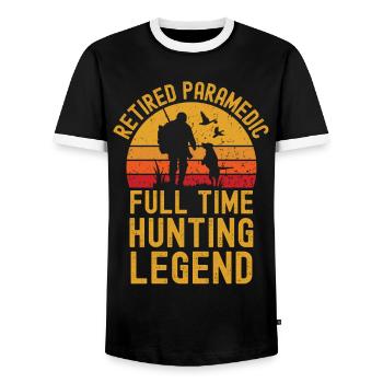 Retired paramedic hunting legend - Men's Ringer Shirt - black/white - Front - AI Model Female 172 light (172cm) & AI Model Male 178 light (178cm)