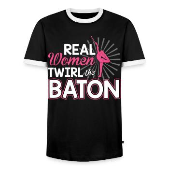 Real Women Twirl The Baton - Baton Twirler - Men's Ringer Shirt - black/white - Front - AI Model Female 172 light (172cm) & AI Model Male 178 light (178cm)
