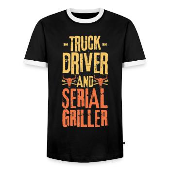 Truck-driver and Serial Griller - Men's Ringer Shirt - black/white - Front - AI Model Female 172 light (172cm) & AI Model Male 178 light (178cm)