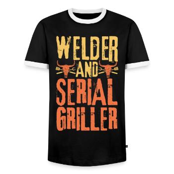 Schweißer und Seriengriller - Männer Kontrast-T-Shirt - Schwarz/Weiß - Vorne - AI Model Female 172 light (172cm) & AI Model Male 178 light (178cm)