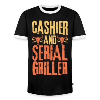 Kassierer und Seriengriller - Männer Kontrast-T-Shirt - Schwarz/Weiß - Vorne - AI Model Female 172 light (172cm) & AI Model Male 178 light (178cm)
