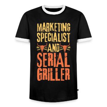 Marketingspezialist und Seriengriller - Männer Kontrast-T-Shirt - Schwarz/Weiß - Vorne - AI Model Female 172 light (172cm) & AI Model Male 178 light (178cm)