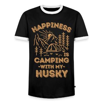 Camping mit Husky - Männer Kontrast-T-Shirt - Schwarz/Weiß - Vorne - AI Model Female 172 light (172cm) & AI Model Male 178 light (178cm)