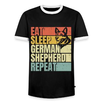 Mange, dors, berger allemand, répète - T-shirt contrasté Homme - noir/blanc - Devant - AI Model Female 172 light (172cm) & AI Model Male 178 light (178cm)