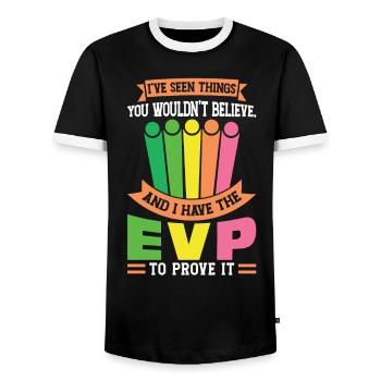 I Have An EVP- Ghost Investigator - Men's Ringer Shirt - black/white - Front - AI Model Female 172 light (172cm) & AI Model Male 178 light (178cm)