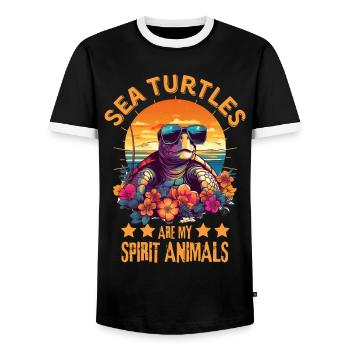 Sea turtle with sunglasses on the beach - Men's Ringer Shirt - black/white - Front - AI Model Female 172 light (172cm) & AI Model Male 178 light (178cm)