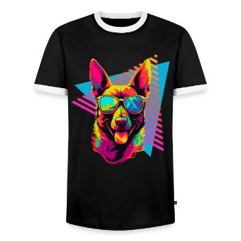 Belgian Malinois with sunglasses 80s style - Men's Ringer Shirt - black/white - Front - AI Model Female 172 light (172cm) & AI Model Male 178 light (178cm)