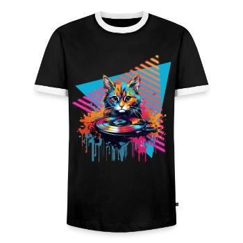 Cat Vinyl Record 80s Style - Men's Ringer Shirt - black/white - Front - AI Model Female 172 light (172cm) & AI Model Male 178 light (178cm)