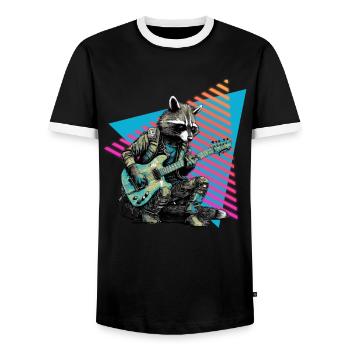 Raccoon with guitar 80s style - Men's Ringer Shirt - black/white - Front - AI Model Female 172 light (172cm) & AI Model Male 178 light (178cm)