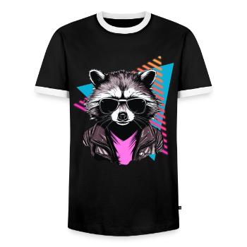 Raccoon with sunglasses 80s style - Men's Ringer Shirt - black/white - Front - AI Model Female 172 light (172cm) & AI Model Male 178 light (178cm)