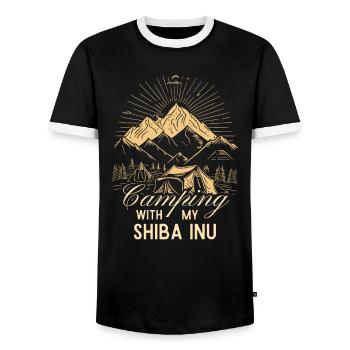 Shiba Inu Camping - T-shirt contrasté Homme - noir/blanc - Devant - AI Model Female 172 light (172cm) & AI Model Male 178 light (178cm)