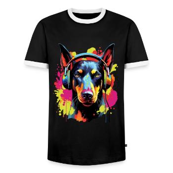 Colorful Doberman with headphones - Men's Ringer Shirt - black/white - Front - AI Model Female 172 light (172cm) & AI Model Male 178 light (178cm)
