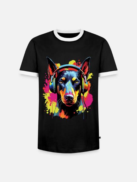 Bunter Dobermann mit Kopfhörer - Männer Kontrast-T-Shirt - Schwarz/Weiß