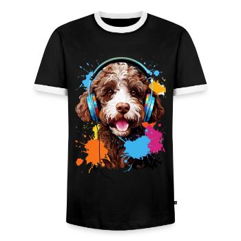 Lagotto Romagnolo mit Kopfhörer - Männer Kontrast-T-Shirt - Schwarz/Weiß - Vorne - AI Model Female 172 light (172cm) & AI Model Male 178 light (178cm)