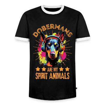 Colorful Doberman with headphones - Men's Ringer Shirt - black/white - Front - AI Model Female 172 light (172cm) & AI Model Male 178 light (178cm)
