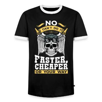 Mechanic Design No I Can't Do It Faster Cheaper - Men's Ringer Shirt - black/white - Front - AI Model Female 172 light (172cm) & AI Model Male 178 light (178cm)