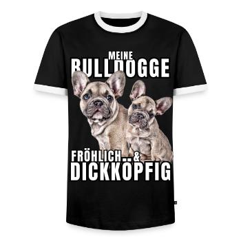 My BULLDOG cheerful & stubborn dog DOGS - Men's Ringer Shirt - black/white - Front - AI Model Female 172 light (172cm) & AI Model Male 178 light (178cm)