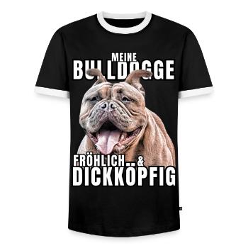 My BULLDOG cheerful & stubborn dog DOGS - Men's Ringer Shirt - black/white - Front - AI Model Female 172 light (172cm) & AI Model Male 178 light (178cm)