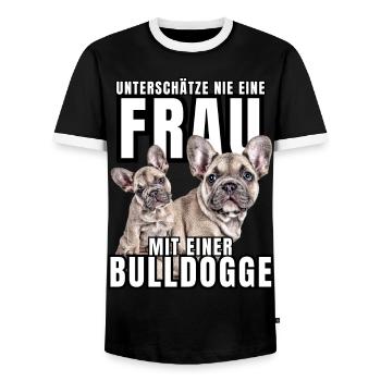 NEVER UNDERESTIMATE A WOMAN with Bulldog Dog DOG - Men's Ringer Shirt - black/white - Front - AI Model Female 172 light (172cm) & AI Model Male 178 light (178cm)