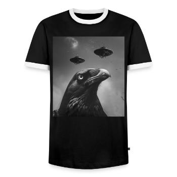 Artiste amusant Popart Design, Selfie avec UFO Raven - T-shirt contrasté Homme - noir/blanc - Devant - AI Model Female 172 light (172cm) & AI Model Male 178 light (178cm)