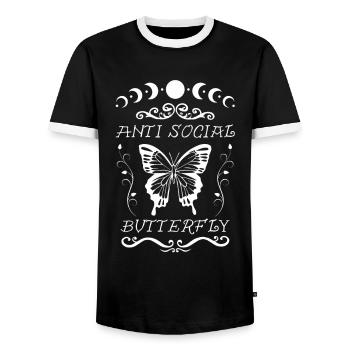 Anti Social Butterfly - Men's Ringer Shirt - black/white - Front - AI Model Female 172 light (172cm) & AI Model Male 178 light (178cm)