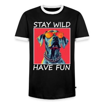 Spruch,Stay Wild, Have Fun cooler Hund Hunde - Men's Ringer Shirt - black/white - Front - AI Model Female 172 light (172cm) & AI Model Male 178 light (178cm)