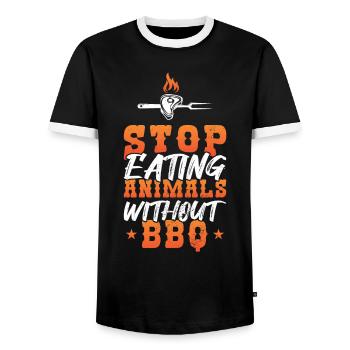 Arrêtez de manger des animaux sans barbecueFans - T-shirt contrasté Homme - noir/blanc - Devant - AI Model Female 172 light (172cm) & AI Model Male 178 light (178cm)