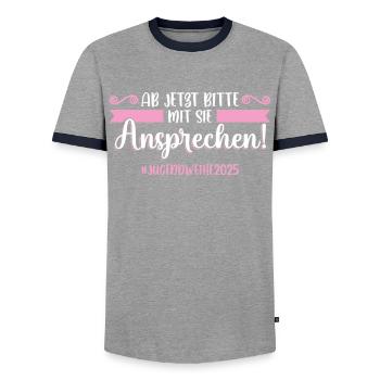 Youth Consecration 2025 Girl Boy - Men's Ringer Shirt - grey/navy  - Front - AI Model Female 172 light (172cm) & AI Model Male 178 light (178cm)