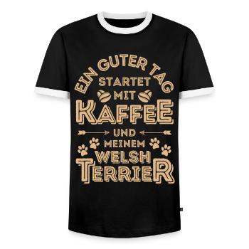 Welsh Terrier Kaffee Hund Cafe - Männer Kontrast-T-Shirt - Schwarz/Weiß - Vorne - AI Model Female 172 light (172cm) & AI Model Male 178 light (178cm)