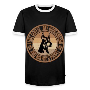 Dobermann Kaffee Hund Cafe - Männer Kontrast-T-Shirt - Schwarz/Weiß - Vorne - AI Model Female 172 light (172cm) & AI Model Male 178 light (178cm)