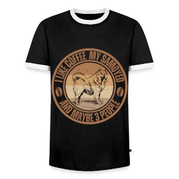Samoyed Coffee Dog Cafe - Men's Ringer Shirt - black/white - Front - AI Model Female 172 light (172cm) & AI Model Male 178 light (178cm)