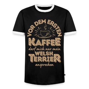 Welsh Terrier Kaffee Hund Cafe - Männer Kontrast-T-Shirt - Schwarz/Weiß - Vorne - AI Model Female 172 light (172cm) & AI Model Male 178 light (178cm)