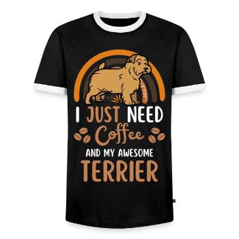 Norwich Terrier Coffee Dog Cafe - Men's Ringer Shirt - black/white - Front - AI Model Female 172 light (172cm) & AI Model Male 178 light (178cm)