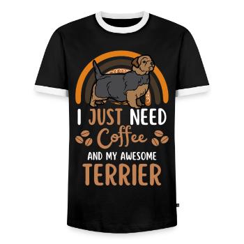 Norfolk Terrier Coffee Dog Cafe - Men's Ringer Shirt - black/white - Front - AI Model Female 172 light (172cm) & AI Model Male 178 light (178cm)