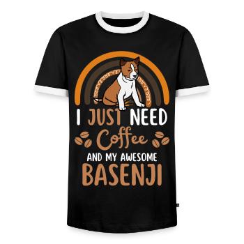 Sweet Basenji Coffee Dog Cafe Kawaii - Men's Ringer Shirt - black/white - Front - AI Model Female 172 light (172cm) & AI Model Male 178 light (178cm)