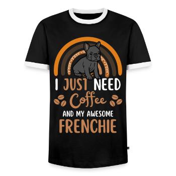 French Bulldog Coffee Dog Cafe kawaii - Men's Ringer Shirt - black/white - Front - AI Model Female 172 light (172cm) & AI Model Male 178 light (178cm)