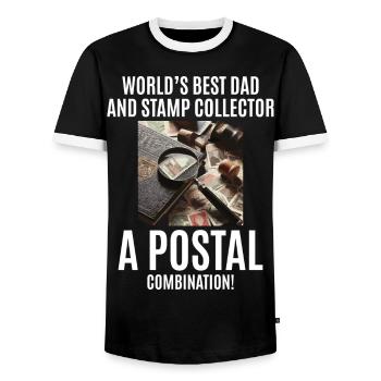 Vintage Postage Stamp Collector Dad Philatelist - Men's Ringer Shirt - black/white - Front - AI Model Female 172 light (172cm) & AI Model Male 178 light (178cm)
