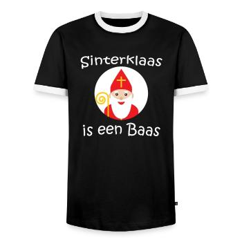 Sinterklaas is een Baas Dutch Netherlands Children - Men's Ringer Shirt - black/white - Front - AI Model Female 172 light (172cm) & AI Model Male 178 light (178cm)
