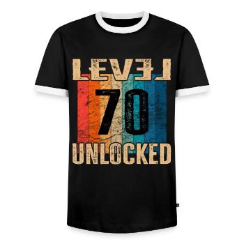 Birthday Happy Birthday Level Unlocked 70 years - Men's Ringer Shirt - black/white - Front - AI Model Female 172 light (172cm) & AI Model Male 178 light (178cm)
